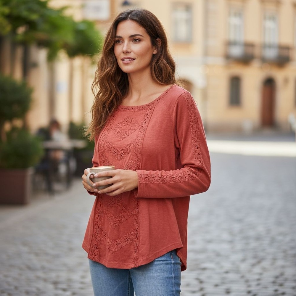 Free People Lace Trimmed Cotton Blend Boho Peasant Blouse Top Orange Red L - Picture 1 of 3